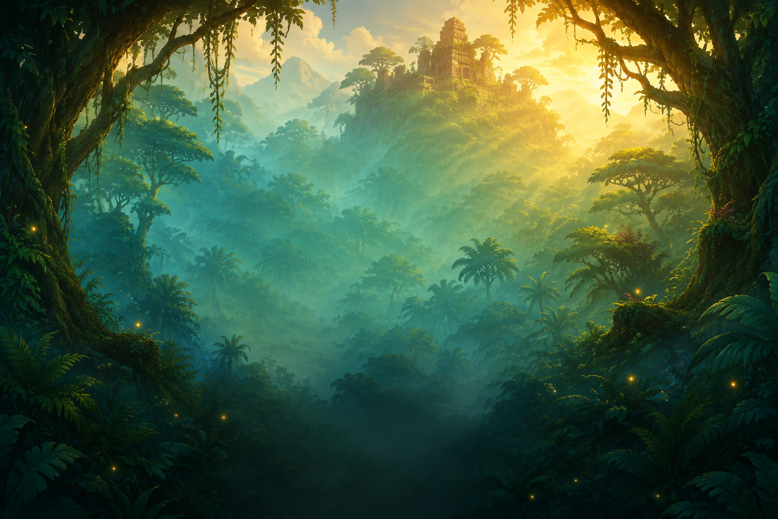 Sunlit jungle canopy and distant ruins